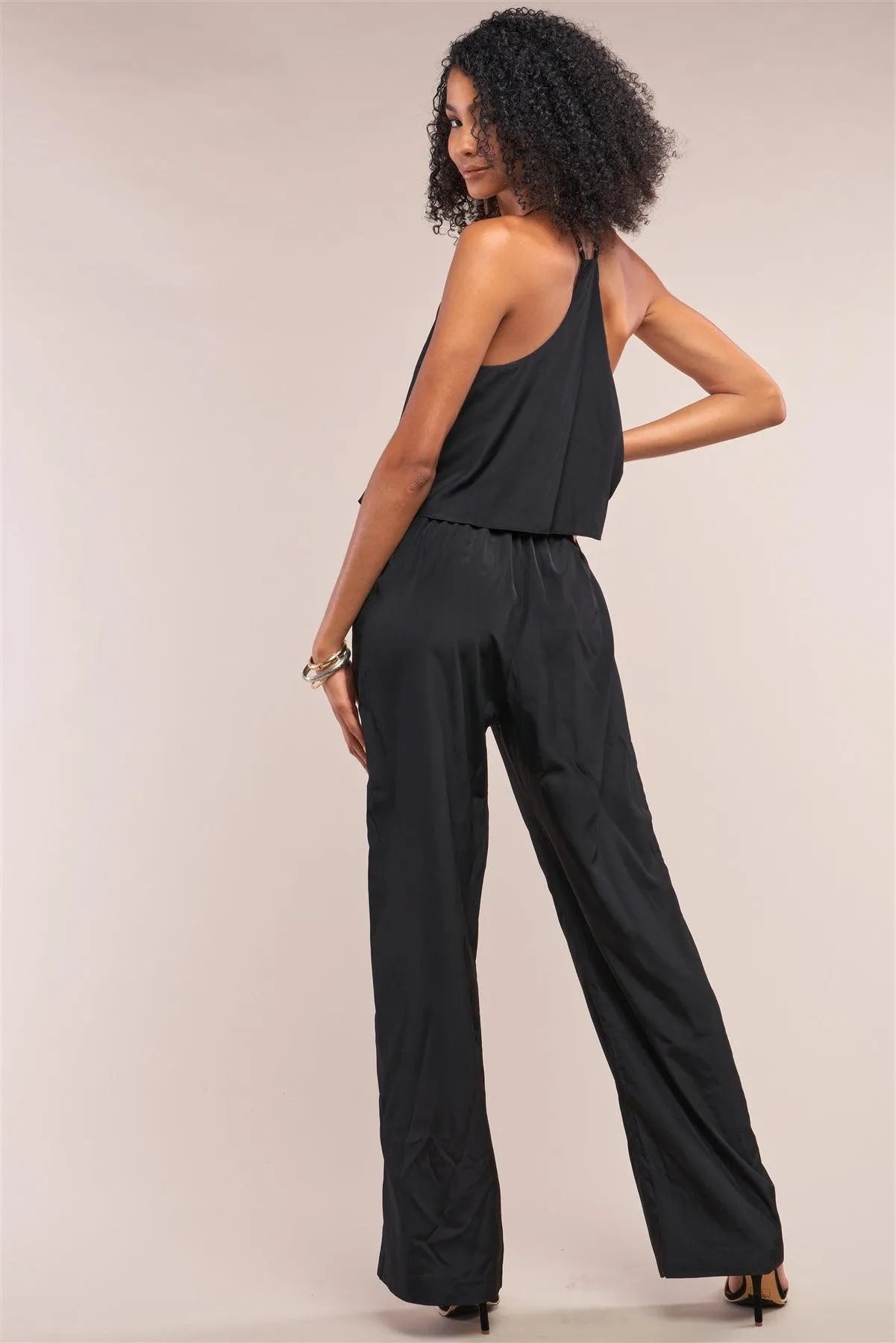 Black Sleeveless V-Neck Razor Back Layered Trim Wide Leg Jumpsuit /1-3-1 - Tasha Apparel Wholesale