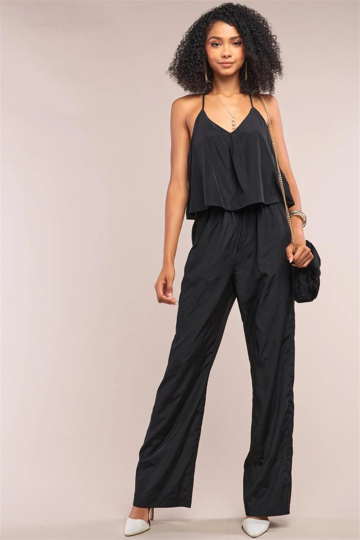 Black Sleeveless V-Neck Razor Back Layered Trim Wide Leg Jumpsuit /1-2-2-1 - Tasha Apparel Wholesale