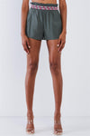 Olive Green High Waisted Embroidered Stretch Waist Hem Flutter Mini Shorts /1-2-2-1