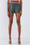Olive Green High Waisted Embroidered Stretch Waist Hem Flutter Mini Shorts /1-2-2-1 - Tasha Apparel Wholesale