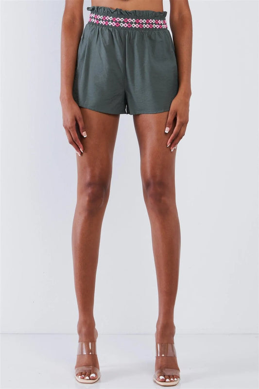 Olive Green High Waisted Embroidered Stretch Waist Hem Flutter Mini Shorts /1-2-2-1 - Tasha Apparel Wholesale