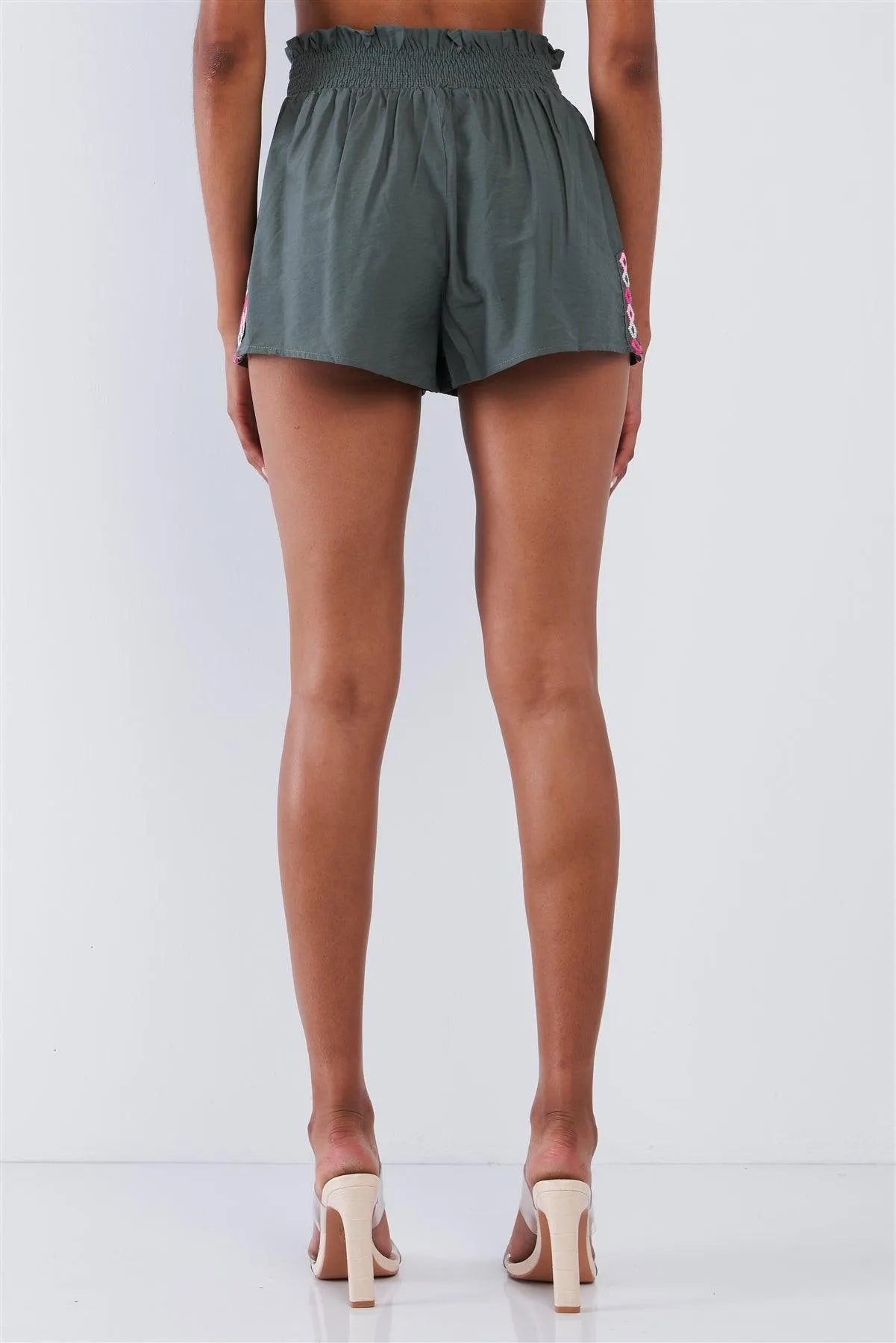 Olive Green High Waisted Embroidered Stretch Waist Hem Flutter Mini Shorts /1-2-2-1 - Tasha Apparel Wholesale