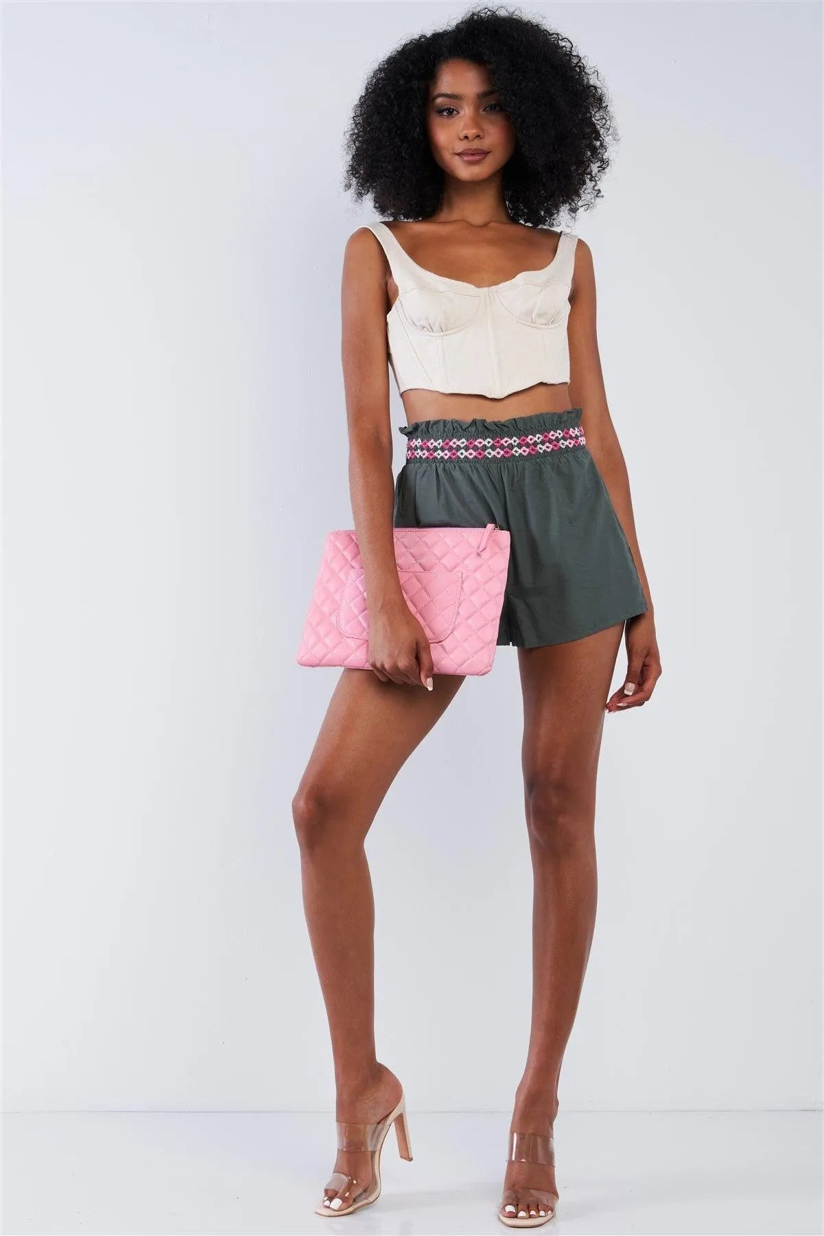 Olive Green High Waisted Embroidered Stretch Waist Hem Flutter Mini Shorts - Tasha Apparel Wholesale