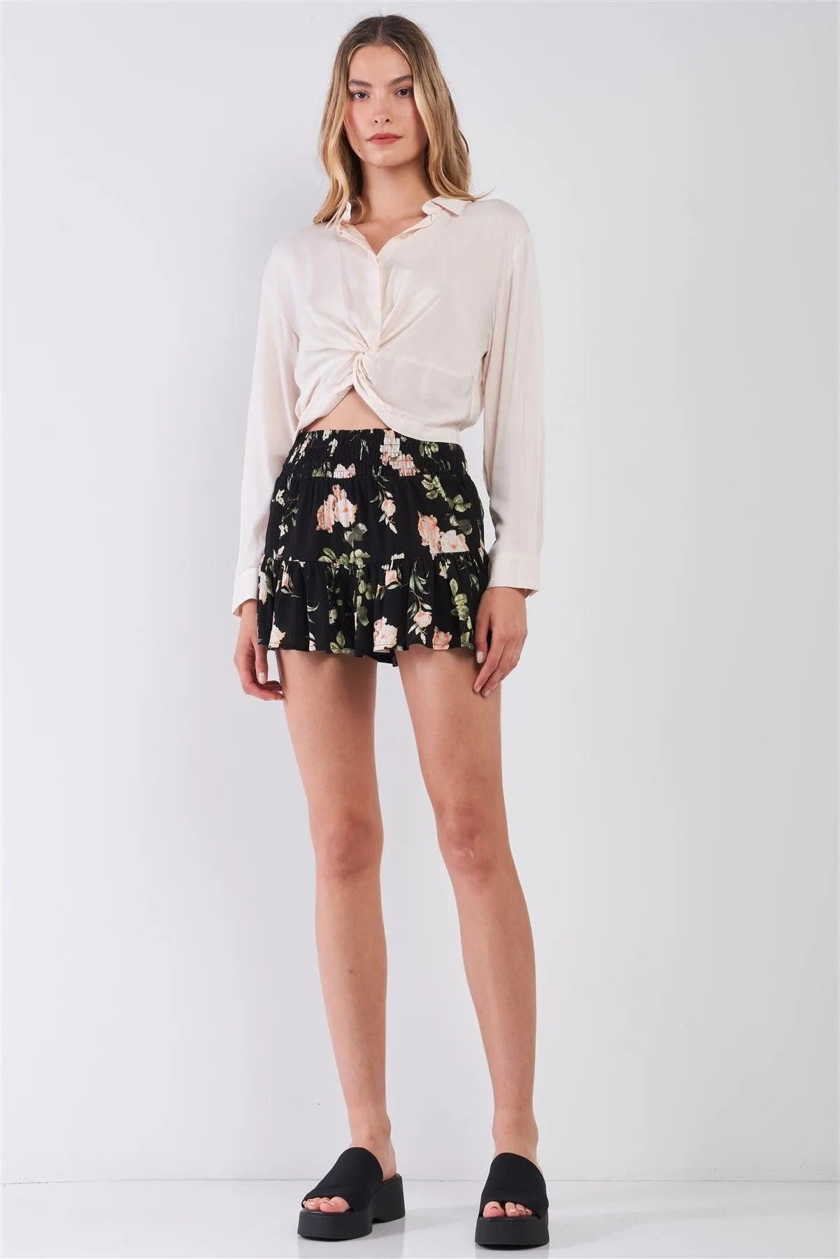 Black & Multi Floral Print High-Waisted Smock Wide Leg Shorts /1-2-2-1 - Tasha Apparel Wholesale