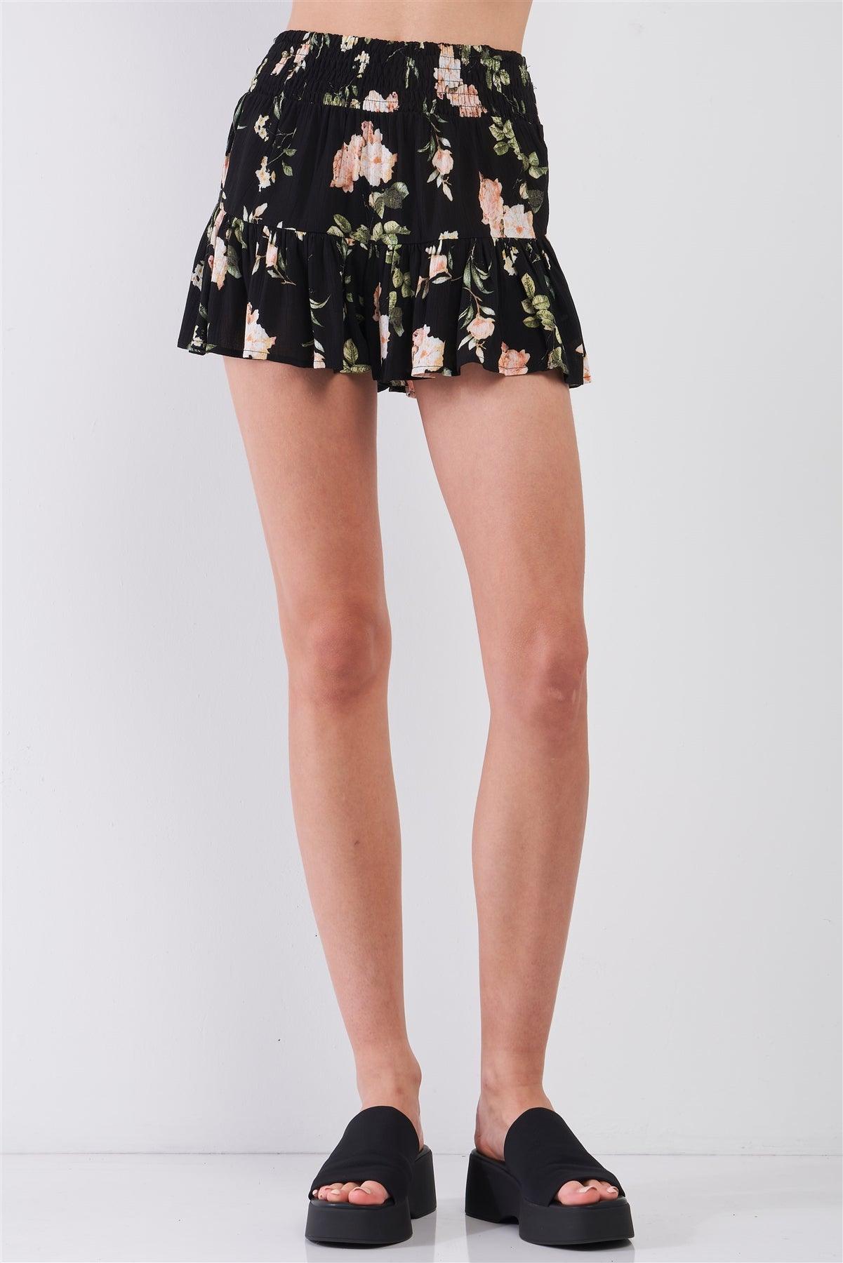 Black & Multi Floral Print High-Waisted Smock Wide Leg Shorts /1-2-2-1