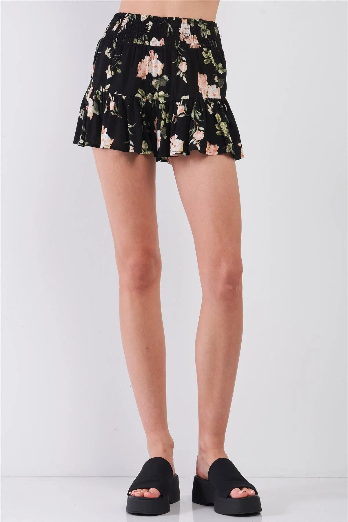 Black & Multi Floral Print High-Waisted Smock Wide Leg Shorts /1-2-2-1 - Tasha Apparel Wholesale