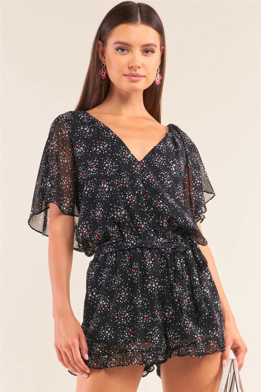 Astra Black Multicolor Star Print Flare Sleeve V-Neck Ruffle Self-Tie Waist Romper /1-2-2-1 - Tasha Apparel Wholesale