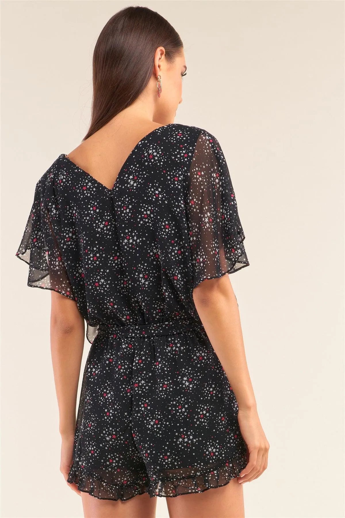 Astra Black Multicolor Paisley Print Flare Sleeve V-Neck Ruffle Self-Tie Waist Romper /1-3-2 - Tasha Apparel Wholesale