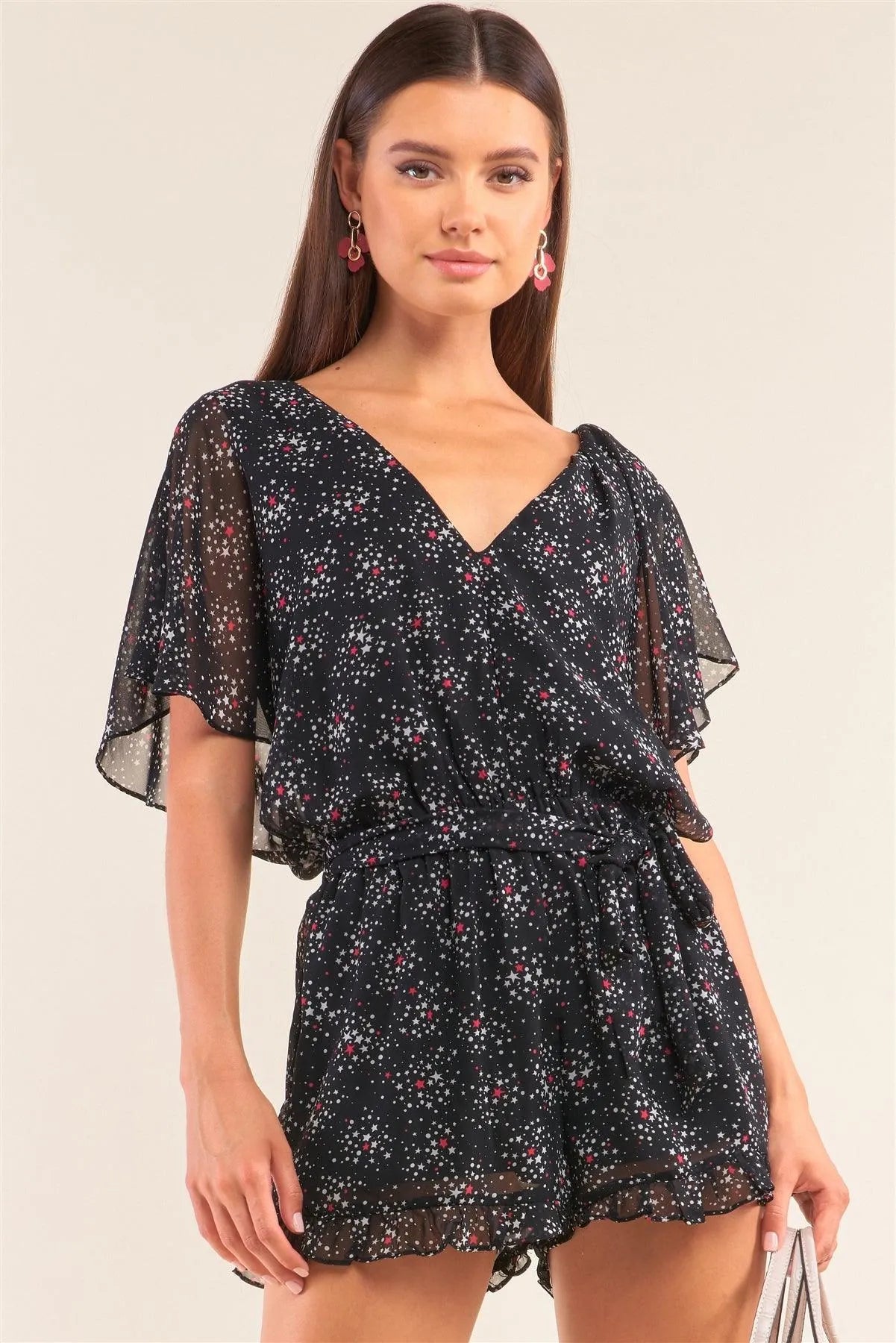 Astra Black Multicolor Paisley Print Flare Sleeve V-Neck Ruffle Self-Tie Waist Romper /1-3-2 - Tasha Apparel Wholesale