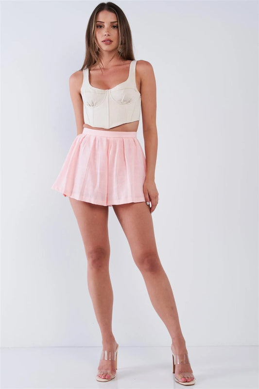 Sweet Pink Pleated High Waist Light Plaid Babydoll Flare Mini Shorts /1-2-2-1 - Tasha Apparel Wholesale