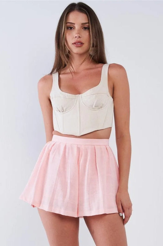 Sweet Pink Pleated High Waist Light Plaid Babydoll Flare Mini Shorts - Tasha Apparel Wholesale