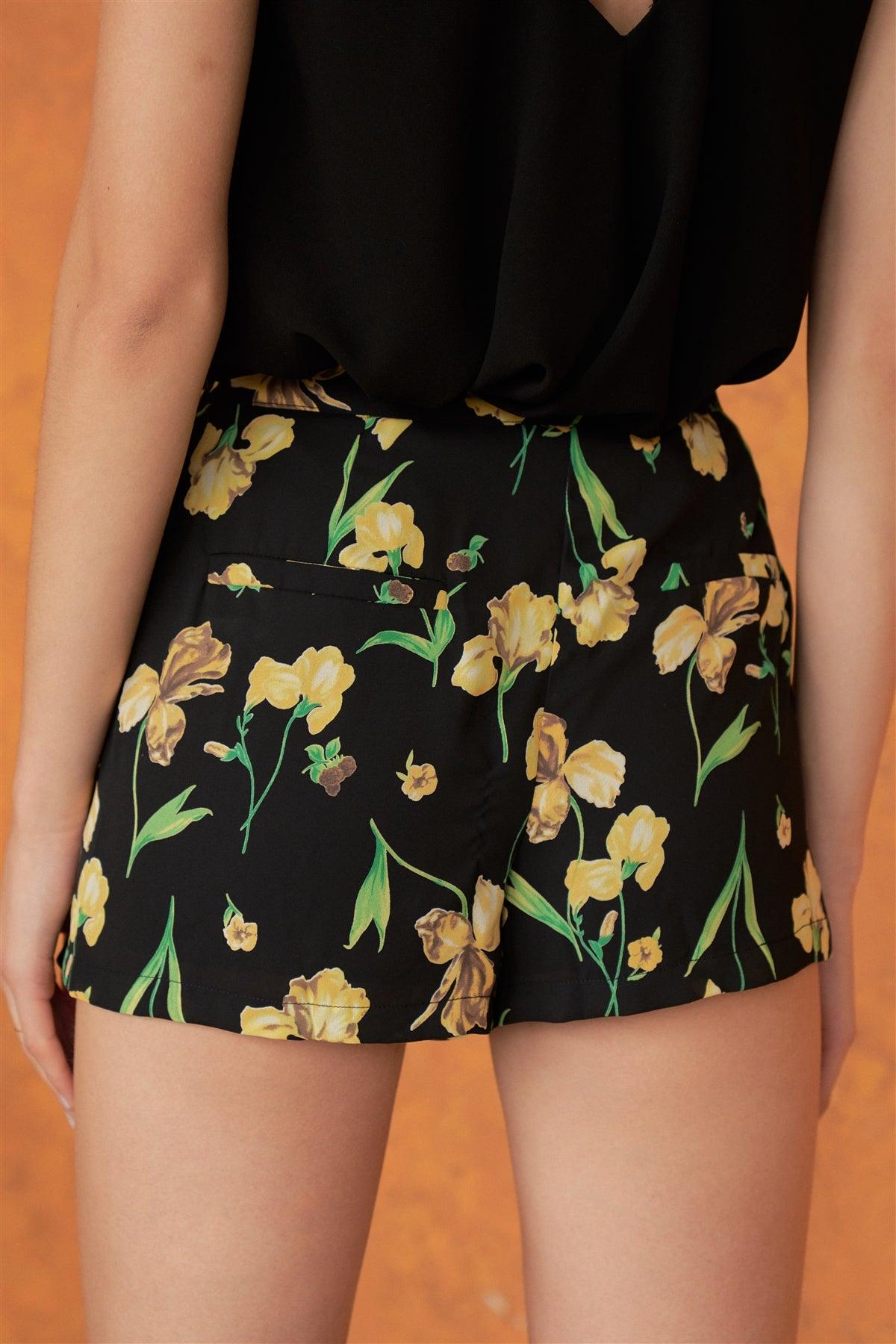 Iris Black & Yellow Floral Print Pocketed High Waist Pleated Mini Shorts /1-2-2-1