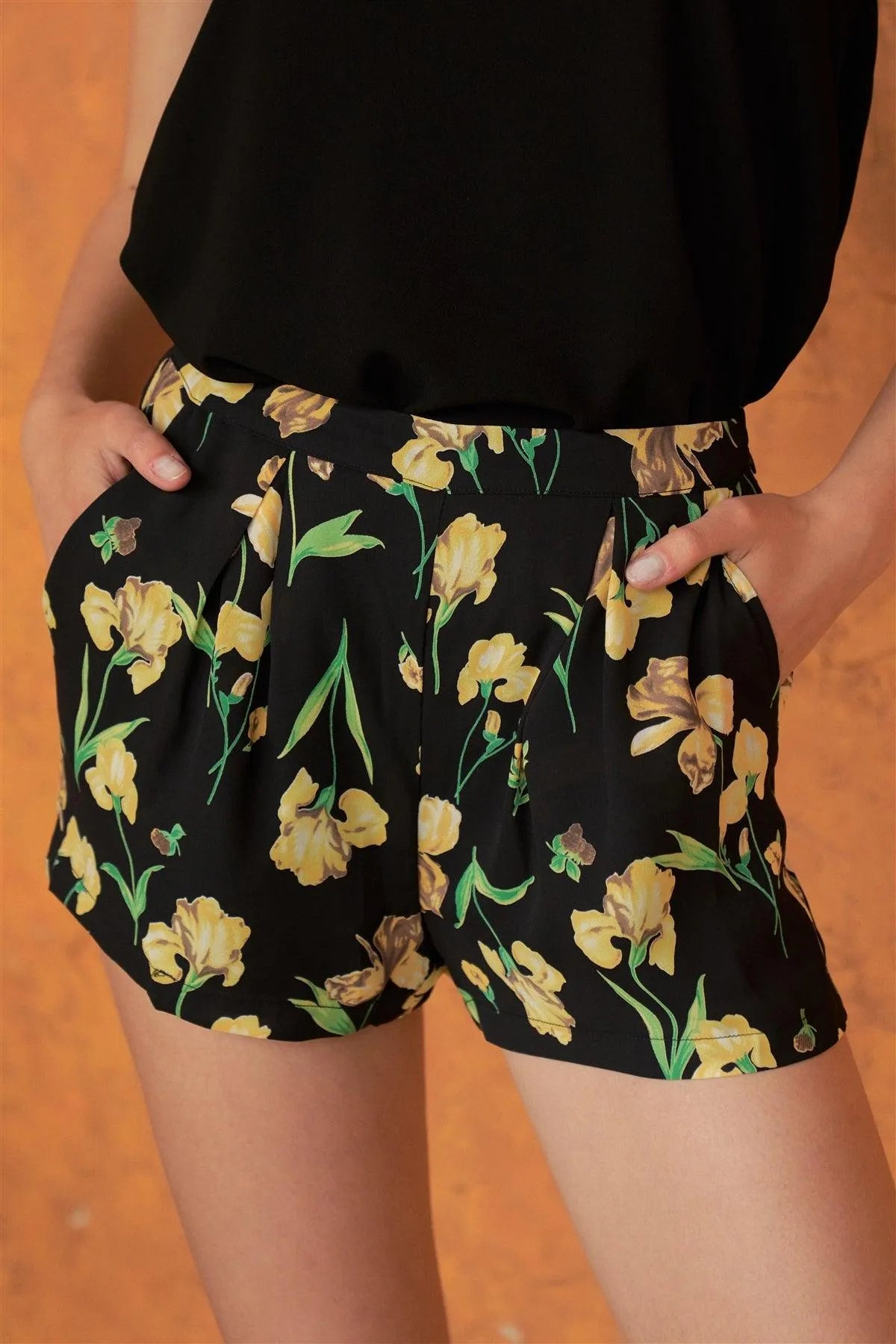 Iris Black & Yellow Floral Print Pocketed High Waist Pleated Mini Shorts /2-1-2-1 - Tasha Apparel Wholesale