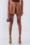 Mocha High Waisted Front Pockets Loose Fit Slightly Pleated Flutter Mini Shorts With Draw String Tie Golden Aglet Detail / 1-2-2-1
