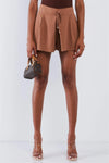 Mocha High Waisted Front Pockets Loose Fit Slightly Pleated Flutter Mini Shorts With Draw String Tie Golden Aglet Detail / 1-2-2-1 - Tasha Apparel Wholesale