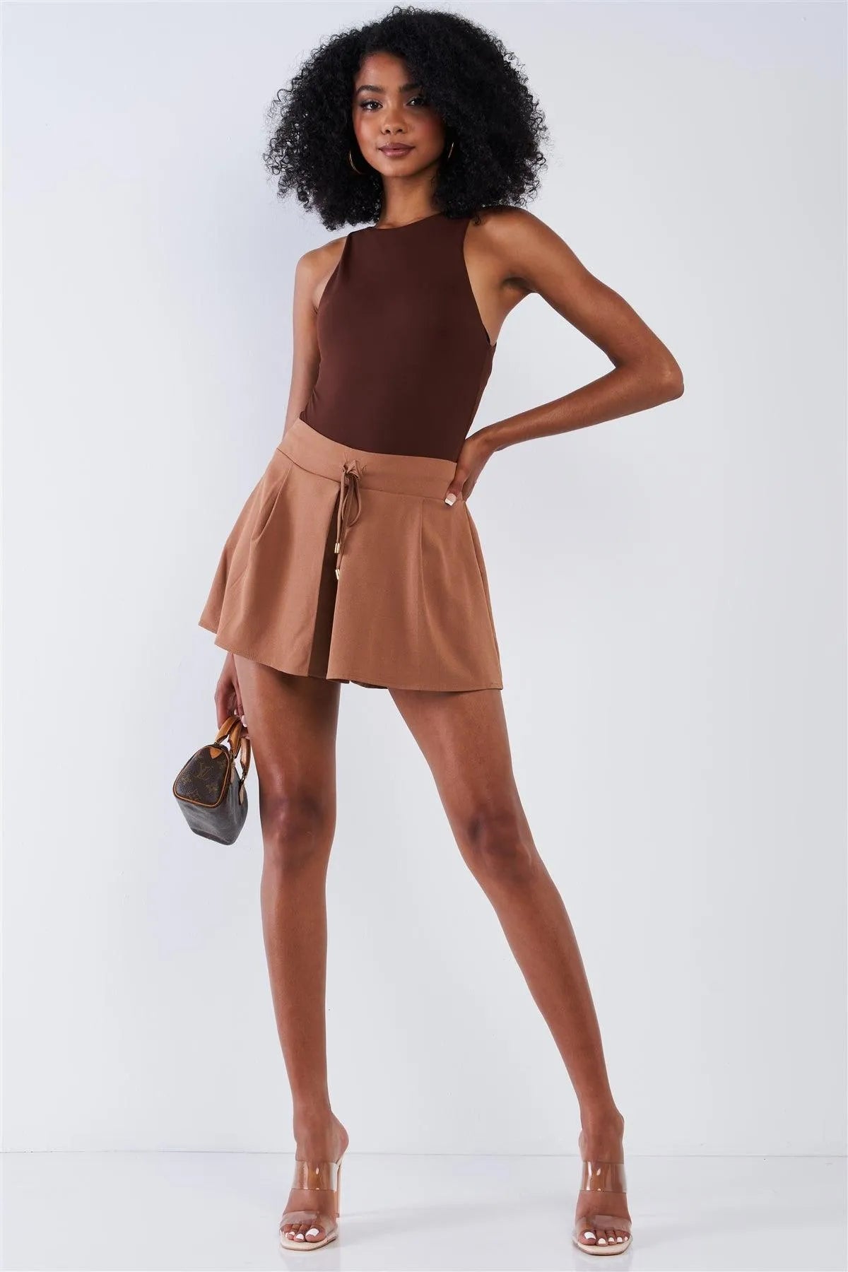 Mocha High Waisted Front Pockets Loose Fit Slightly Pleated Flutter Mini Shorts With Draw String Tie Golden Aglet Detail / 1-2-2-1 - Tasha Apparel Wholesale