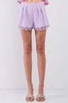 Lavender High Waist Pleated Front Scalloped Hem Lace Trim Detail Mini Shorts /1-2-2-1