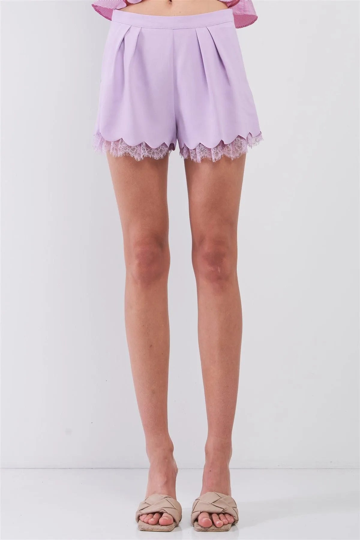 Lavender High Waist Pleated Front Scalloped Hem Lace Trim Detail Mini Shorts /1-2-2-1 - Tasha Apparel Wholesale