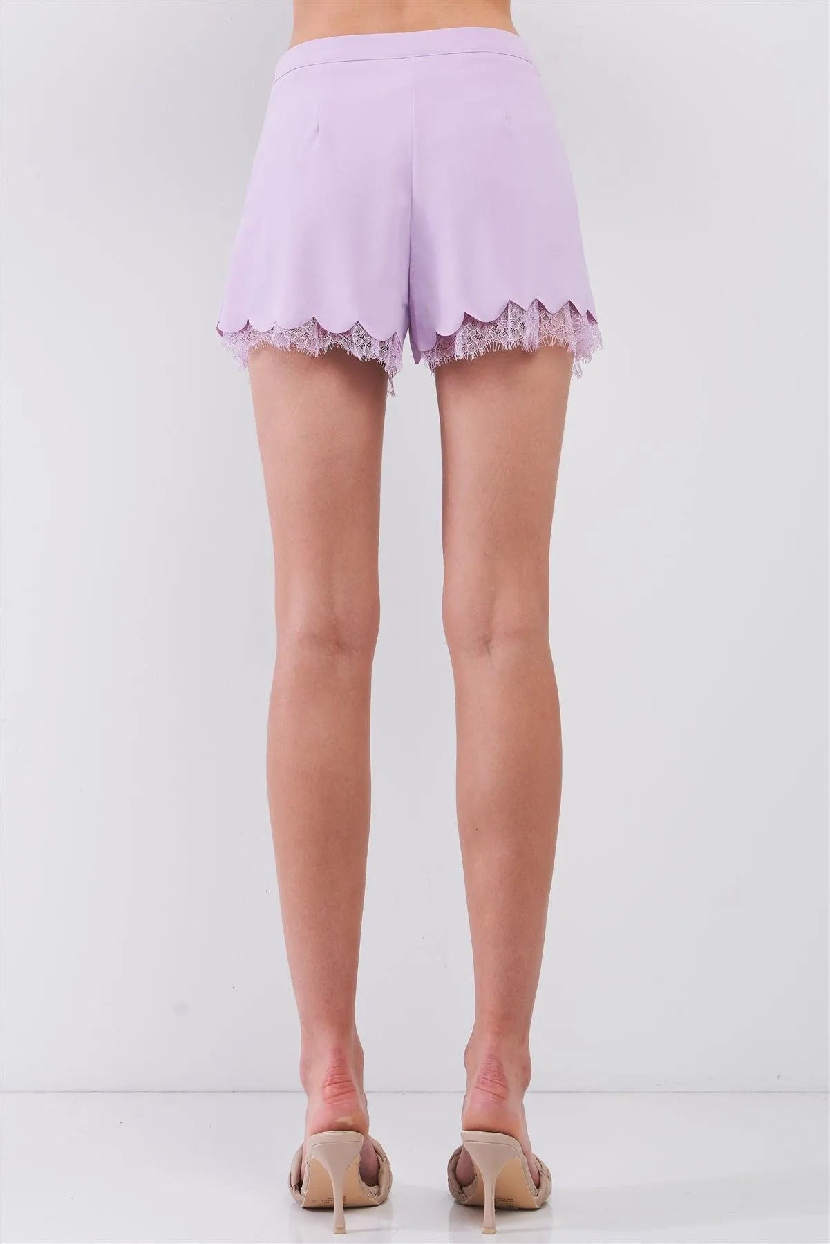 Lavender High Waist Pleated Front Scalloped Hem Lace Trim Detail Mini Shorts /1-2-2-1 - Tasha Apparel Wholesale