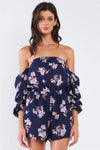 Navy Multicolor Floral Off-The-Shoulder Gathered Sleeve Detail Romper /1-2-2-1 - Tasha Apparel Wholesale