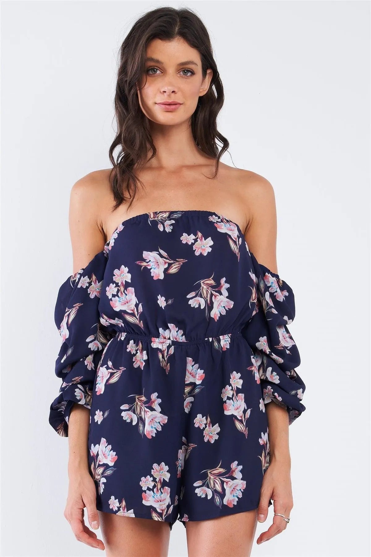 Navy Multicolor Floral Off-The-Shoulder Gathered Sleeve Detail Romper /1-2-2-1 - Tasha Apparel Wholesale