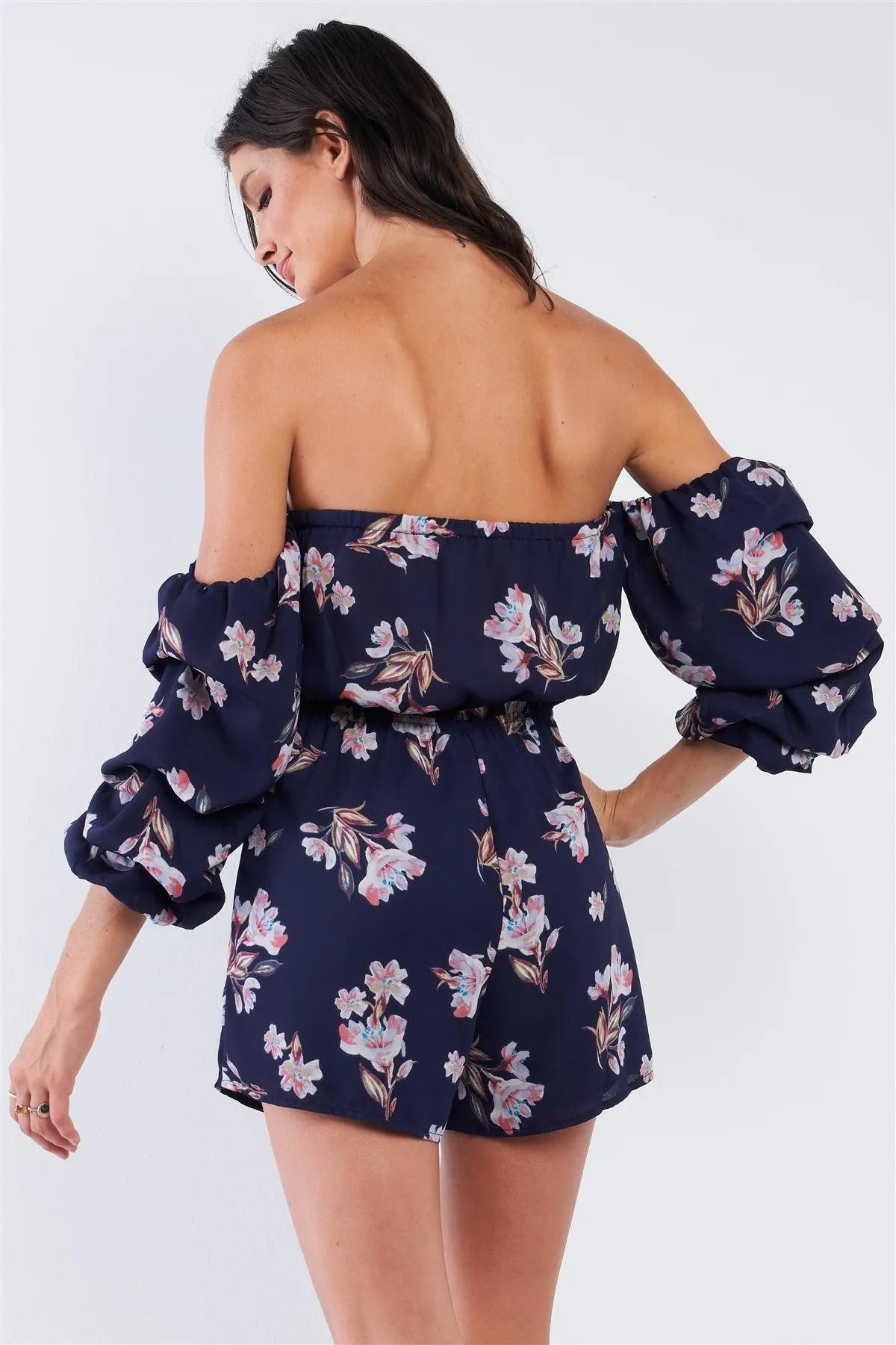 Navy Multicolor Floral Off-The-Shoulder Gathered Sleeve Detail Romper /1-2-2-1 - Tasha Apparel Wholesale
