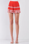 Red & White Tribal Floral Embroidery High Waist Summer Mini Shorts /1-2-2-1 - Tasha Apparel Wholesale
