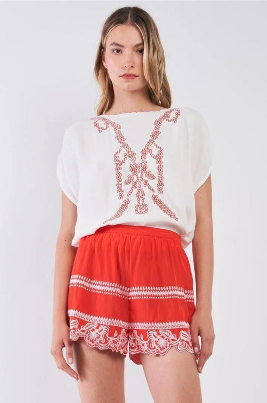 Tribal Floral Embroidery High Waist Summer Mini Shorts - Tasha Apparel Wholesale