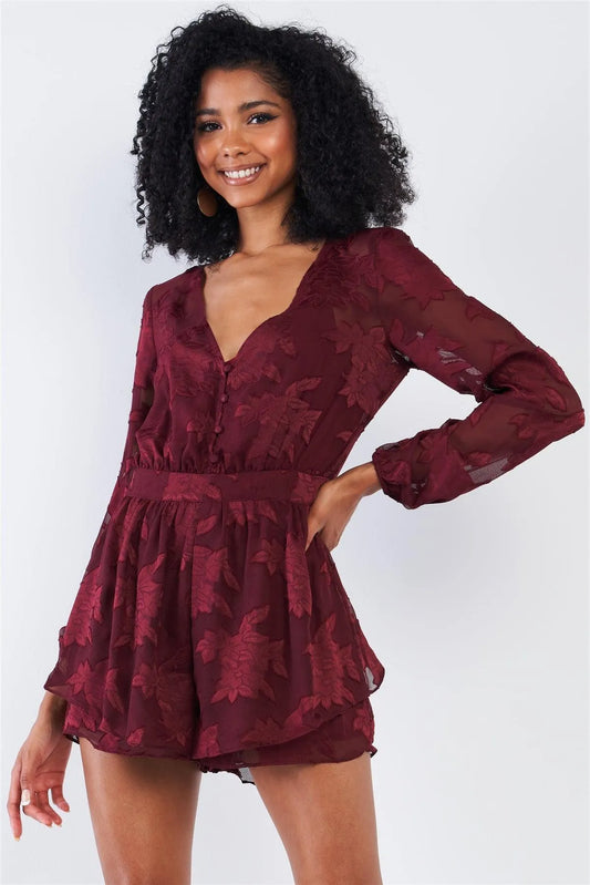 Cabernet Red Long Sleeve Layered Lace V-neck Button Up Romper /1-2-3-1 - Tasha Apparel Wholesale