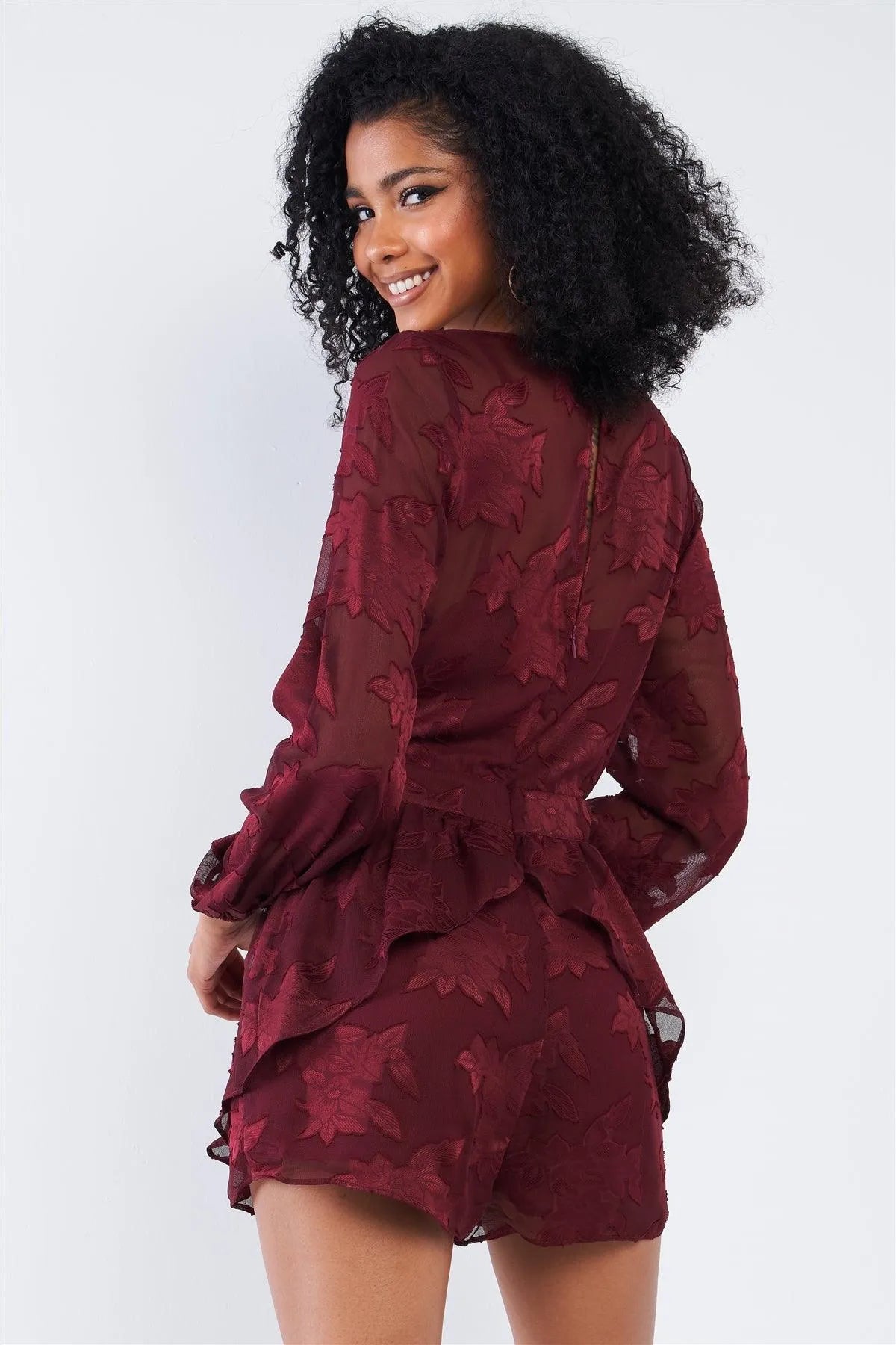 Cabernet Red Long Sleeve Layered Lace V-neck Button Up Romper /1-2-3-1 - Tasha Apparel Wholesale