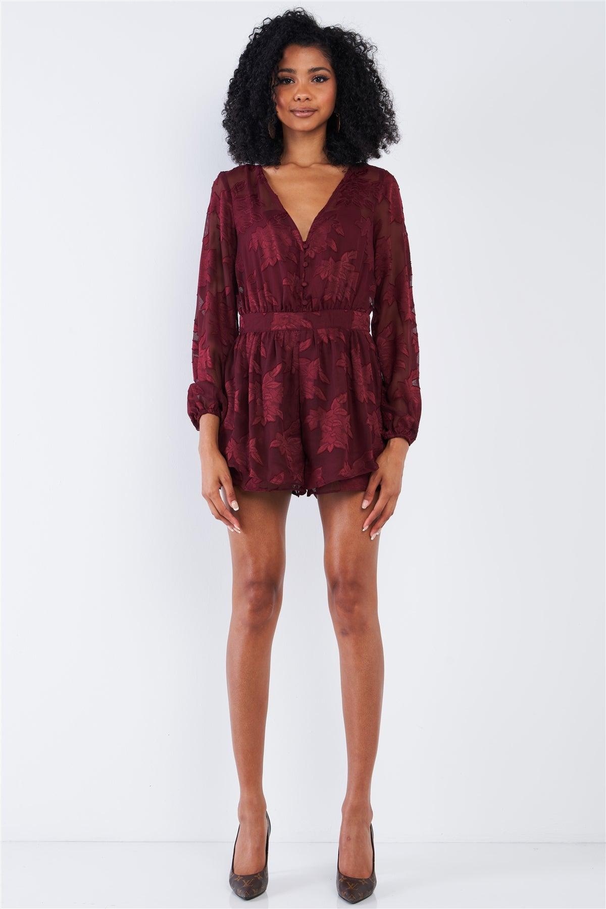 Cabernet Red Long Sleeve Layered Lace V-neck Button Up Romper /1-2-3-1
