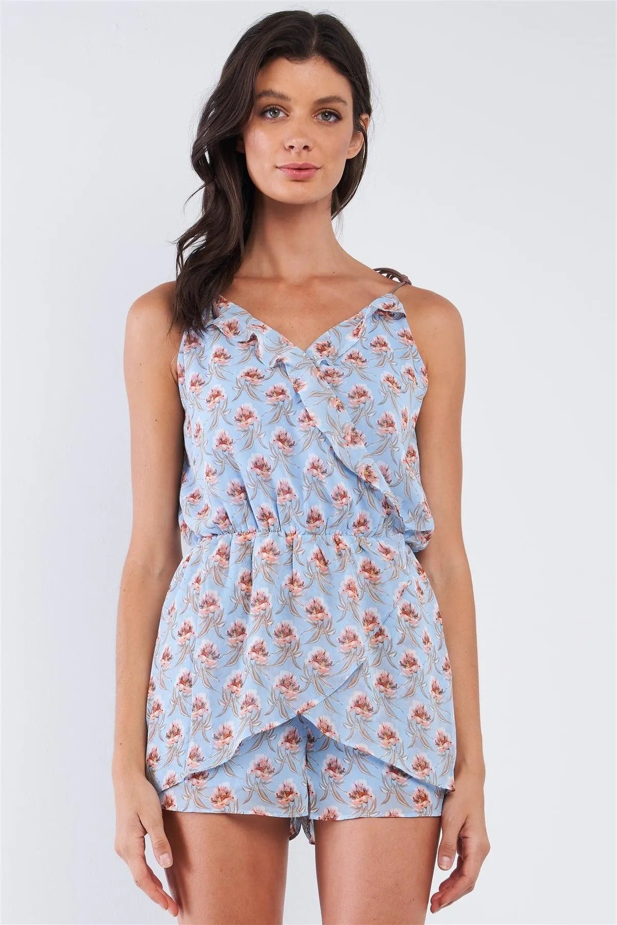 Blue Multi Color Floral Print Deep Plunge V-Neck Wrap Romper With Tassel Tie Straps /1-2-2-1 - Tasha Apparel Wholesale