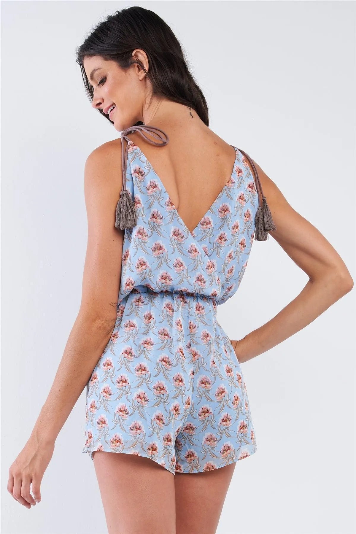Blue Multi Color Floral Print Deep Plunge V-Neck Wrap Romper With Tassel Tie Straps /1-2-2-1 - Tasha Apparel Wholesale