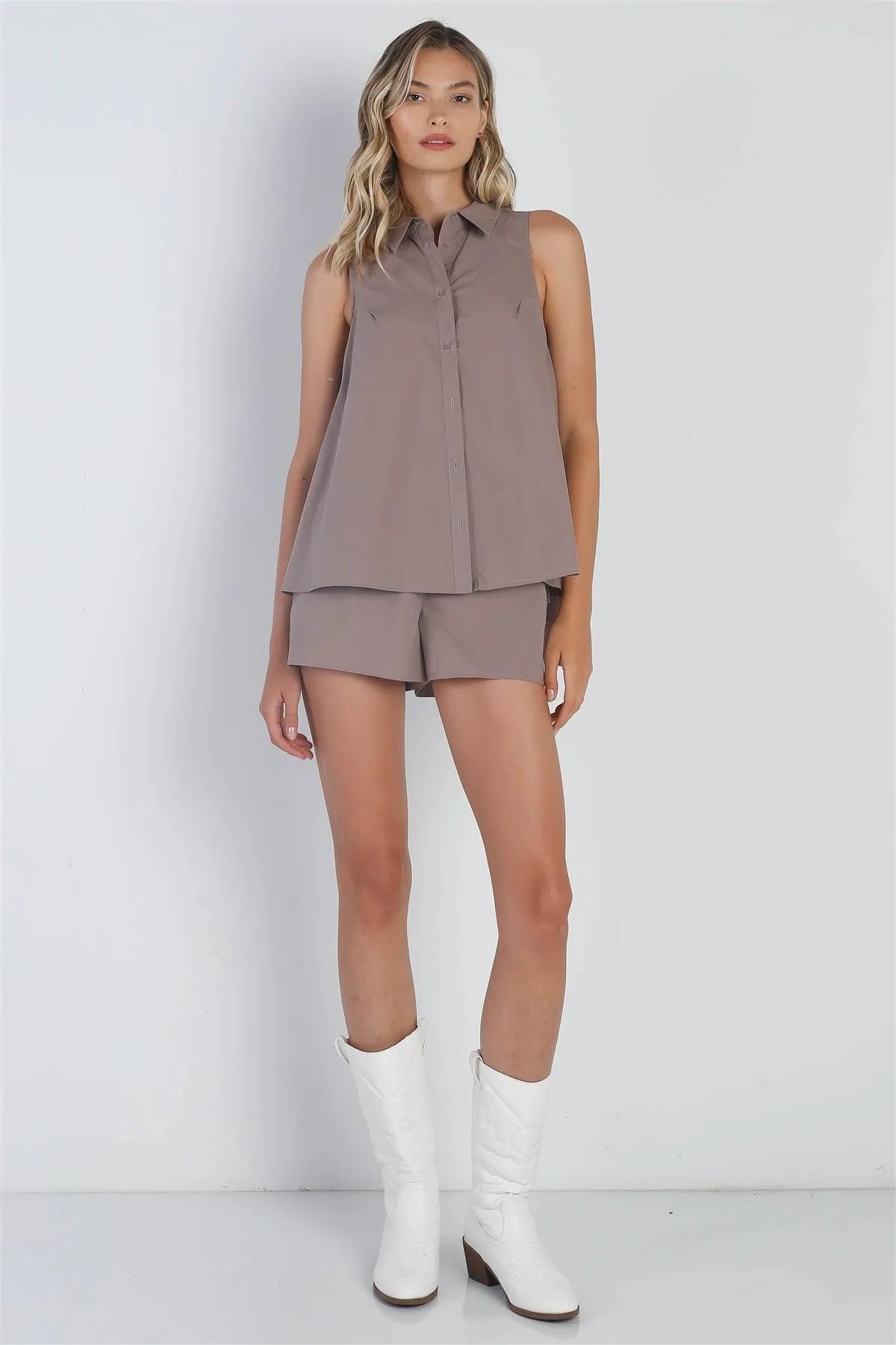 Latte Sleeveless Double Layered Button Down Shirt Back Self-Tie Ribbons Romper /1-2-2-1 - Tasha Apparel Wholesale