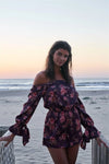 Byzantine Purple Satin Floral Print Off-The-Shoulder Self-Tie Long Sleeve Detail Romper /1-2-2-1 - Tasha Apparel Wholesale
