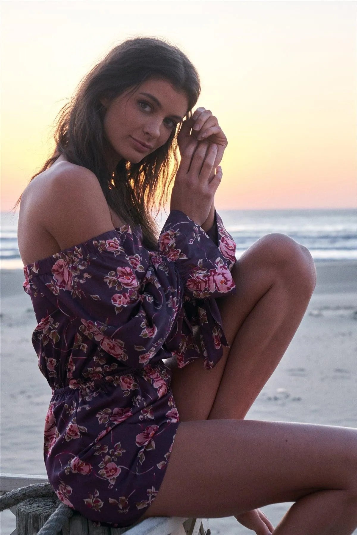 Byzantine Purple Satin Floral Print Off-The-Shoulder Self-Tie Long Sleeve Detail Romper /1-2-2-1 - Tasha Apparel Wholesale