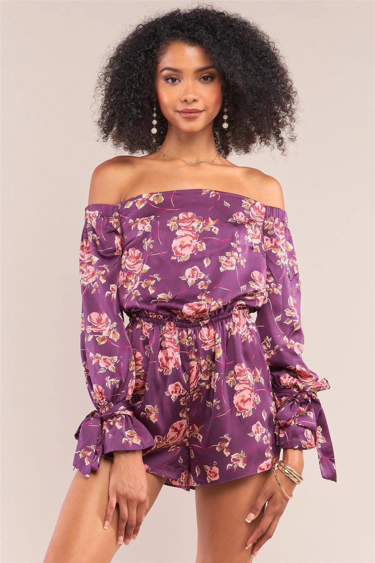 Byzantine Purple Satin Floral Print Off-The-Shoulder Self-Tie Long Sleeve Detail Romper /1-2-2-1 - Tasha Apparel Wholesale