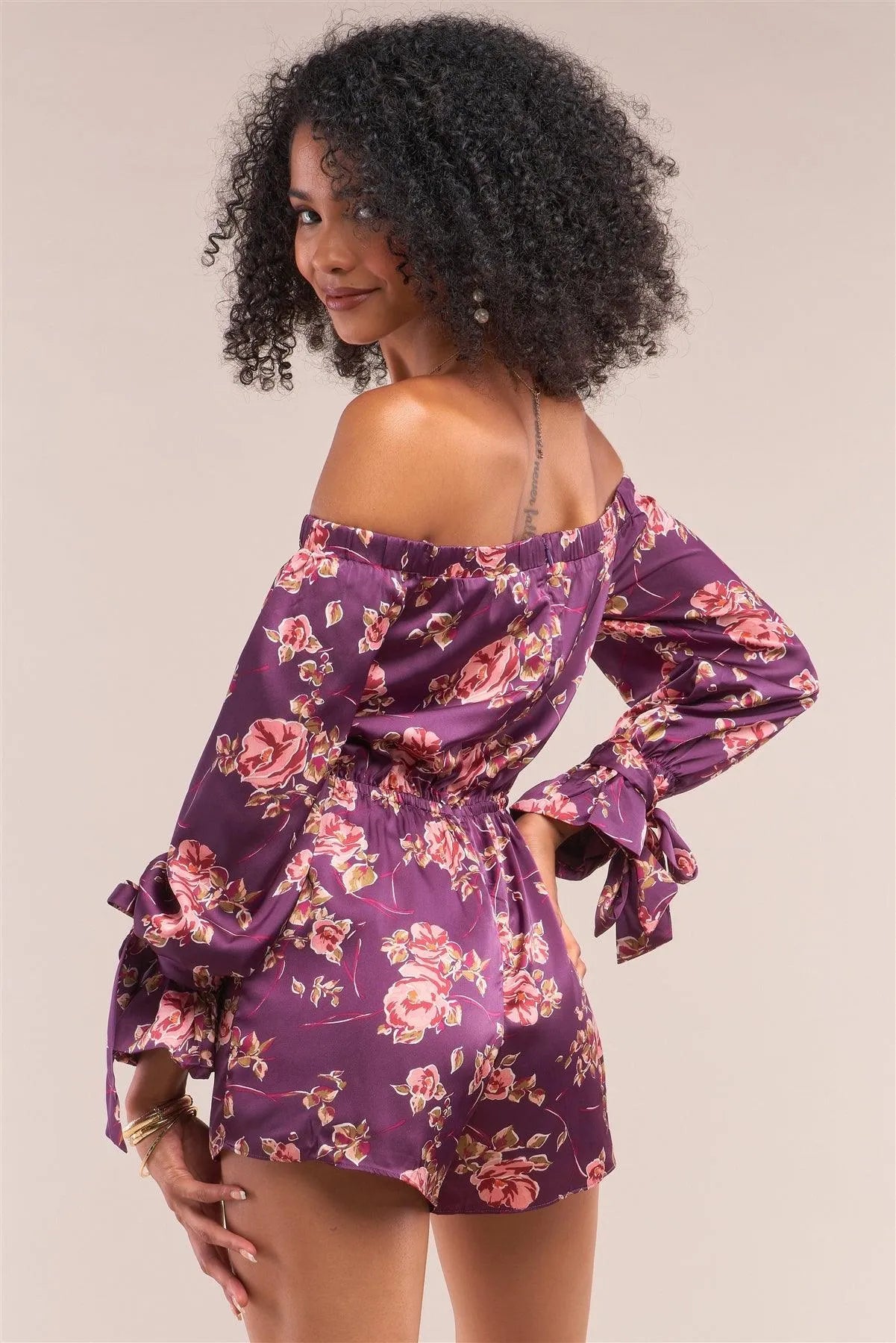 Byzantine Purple Satin Floral Print Off-The-Shoulder Self-Tie Long Sleeve Detail Romper /1-2-2-1 - Tasha Apparel Wholesale