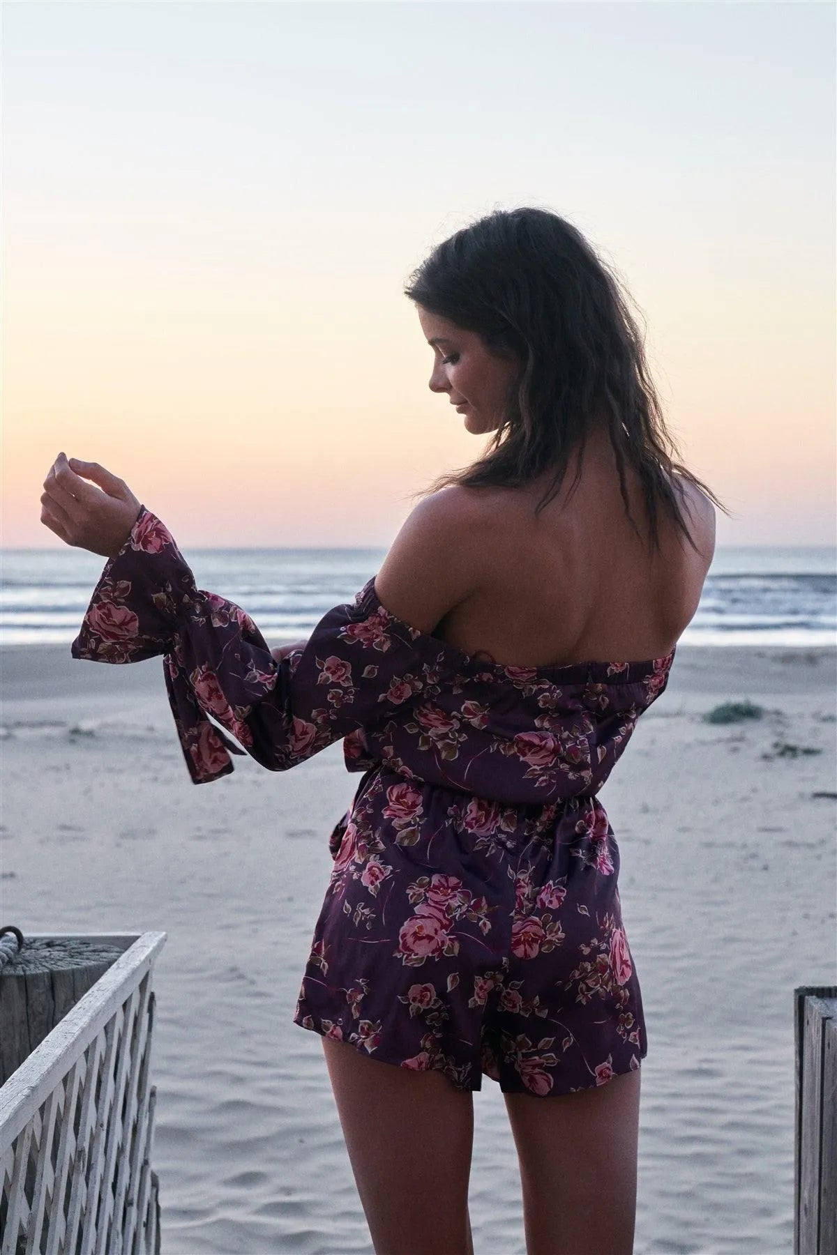 Byzantine Purple Satin Floral Print Off-The-Shoulder Self-Tie Long Sleeve Detail Romper - Tasha Apparel Wholesale