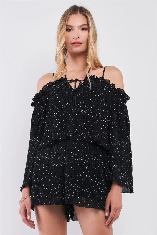 Black Star Print Pleated Off-The-Shoulder Romper /1-2-2-1 - Tasha Apparel Wholesale