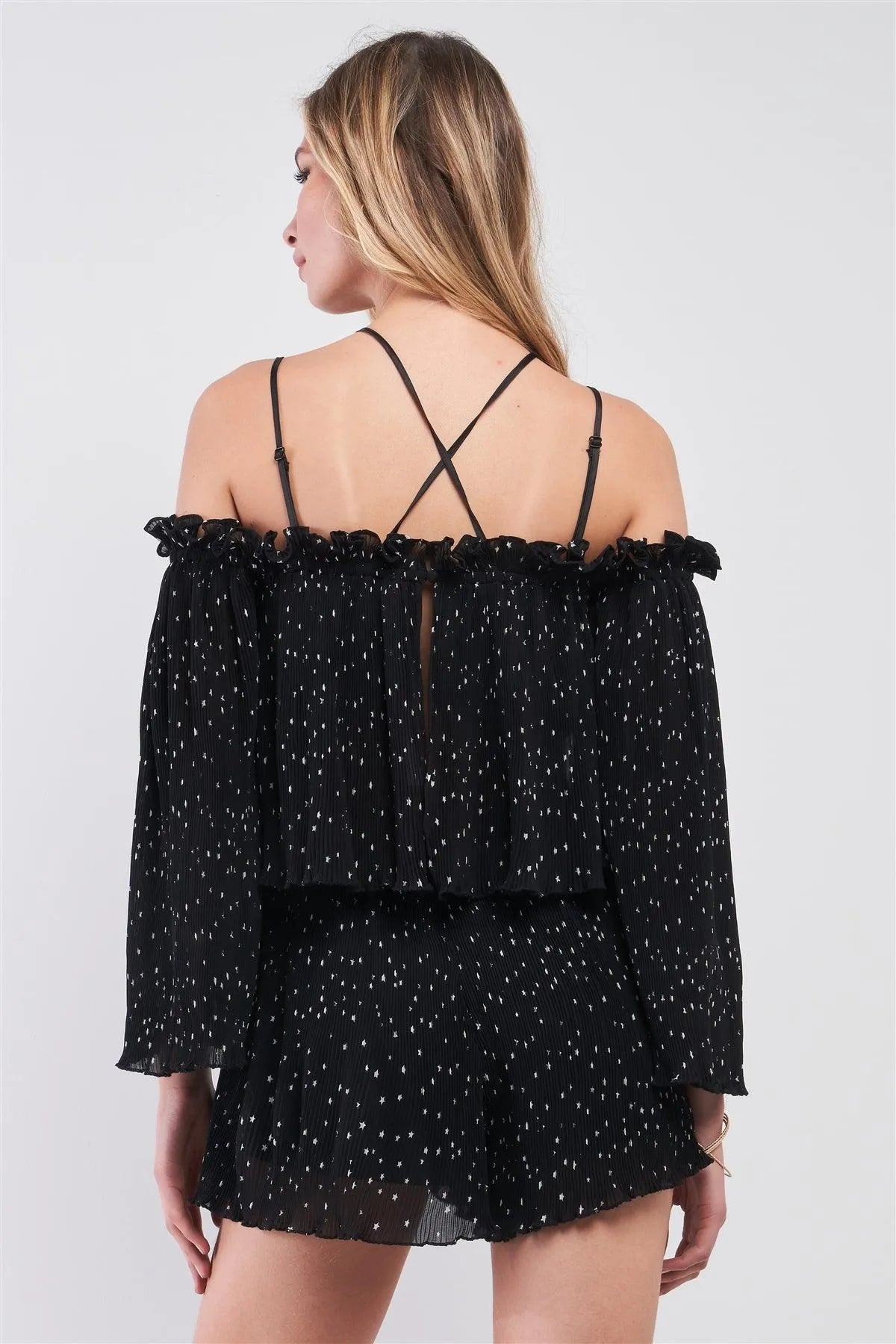 Black Star Print Pleated Off-The-Shoulder Romper /1-2-2-1 - Tasha Apparel Wholesale