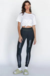 Black Glossy Faux Leather Detail High Waist Leggings - Tasha Apparel Wholesale