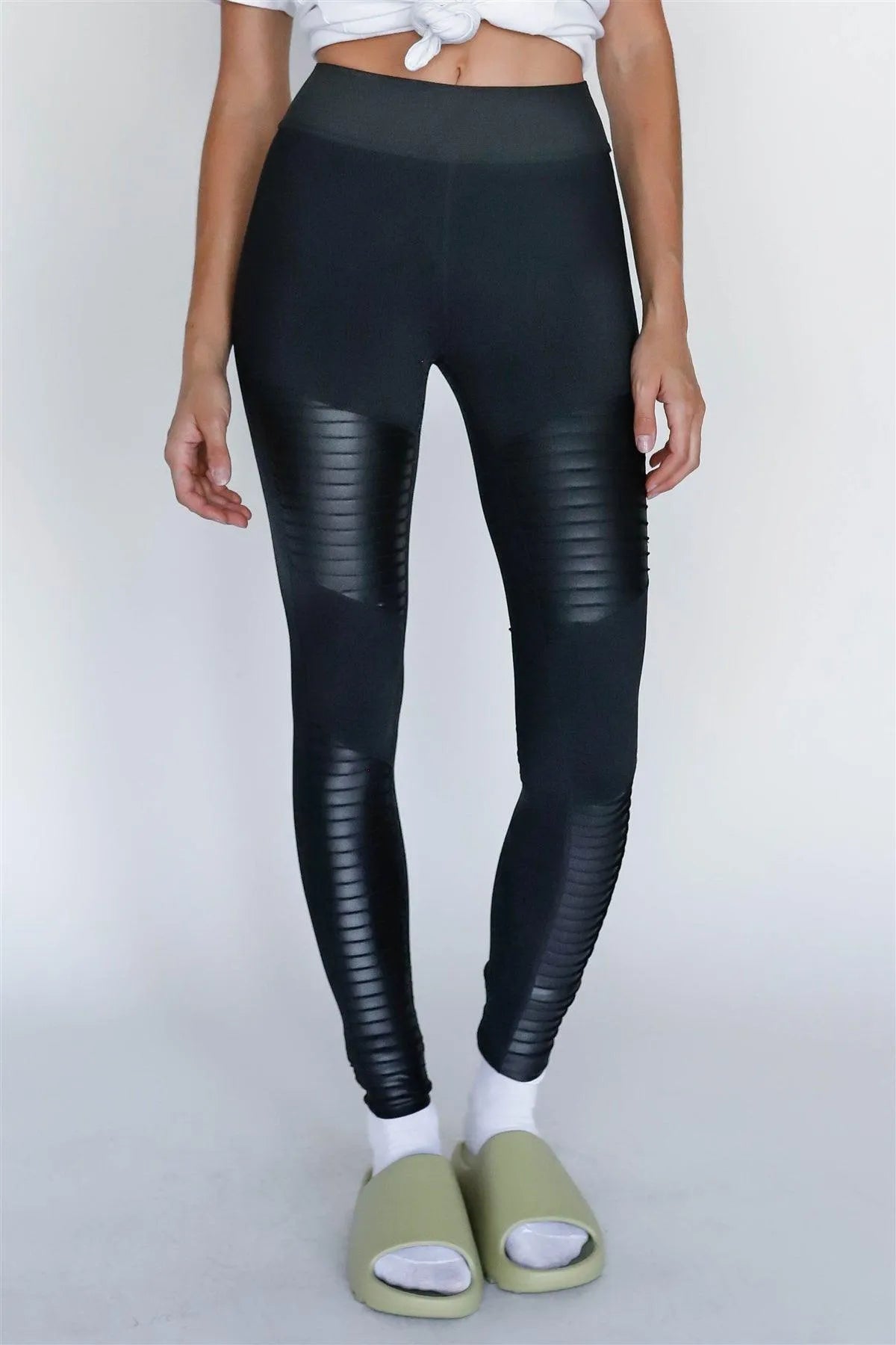 Black Glossy Faux Leather Detail High Waist Leggings - Tasha Apparel Wholesale