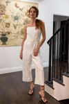 White Lace Up Waist Square Neck Wide Leg Jumpsuit /1-2-1 - Tasha Apparel Wholesale