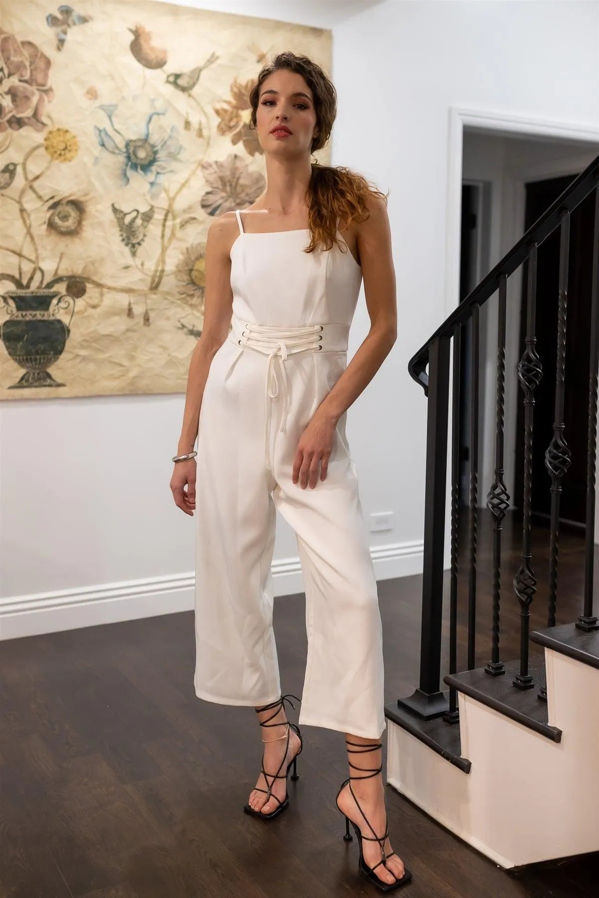 White Lace Up Waist Square Neck Wide Leg Jumpsuit /1-2-1 - Tasha Apparel Wholesale