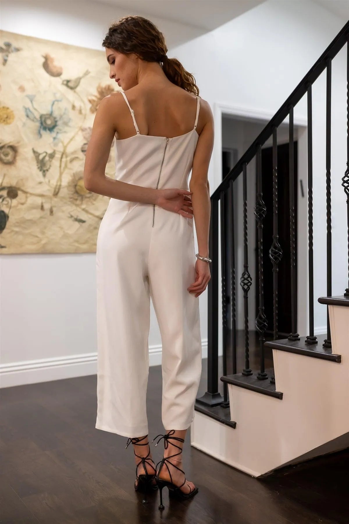 White Lace Up Waist Square Neck Wide Leg Jumpsuit /1-2-1 - Tasha Apparel Wholesale