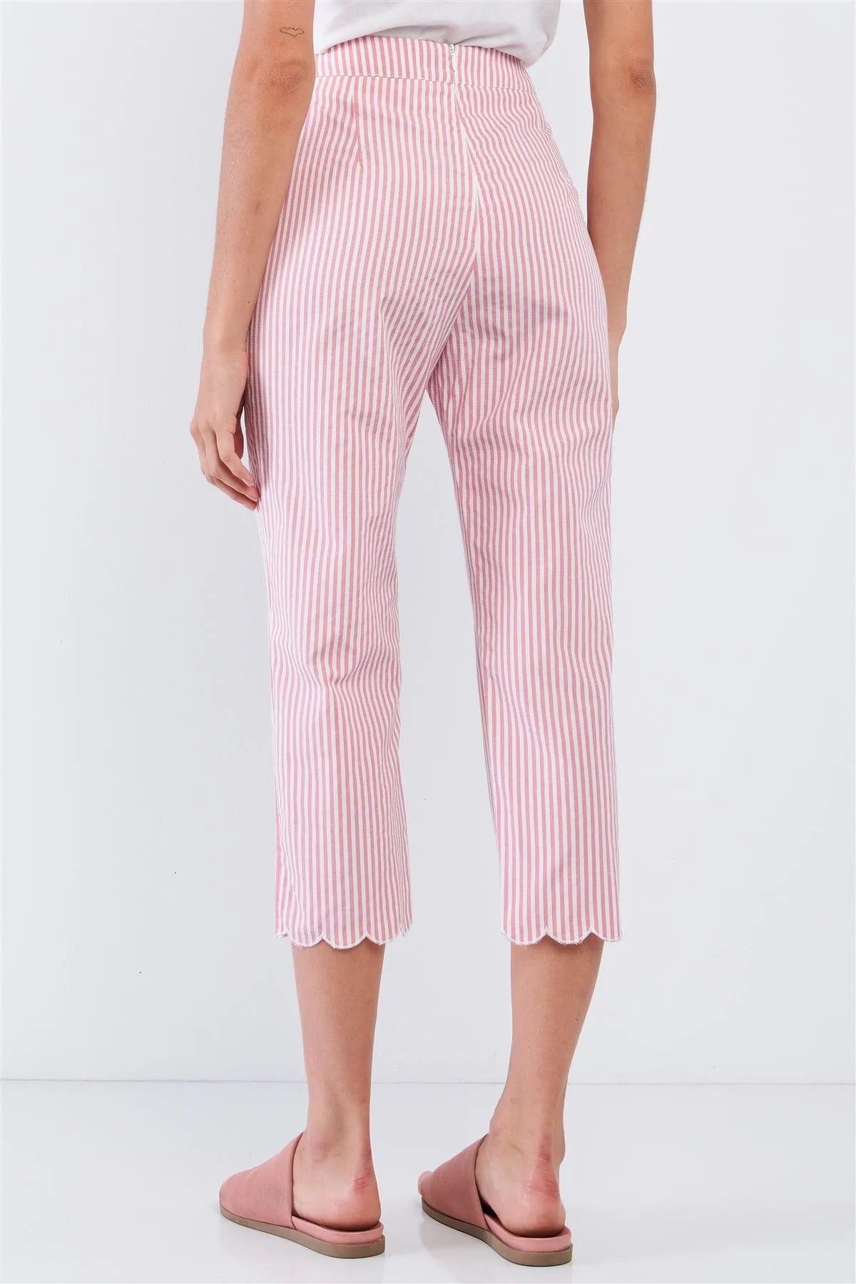 Red & White Striped High Waist Scalloped Hem Summer Capri Pants /1-2-2-1 - Tasha Apparel Wholesale