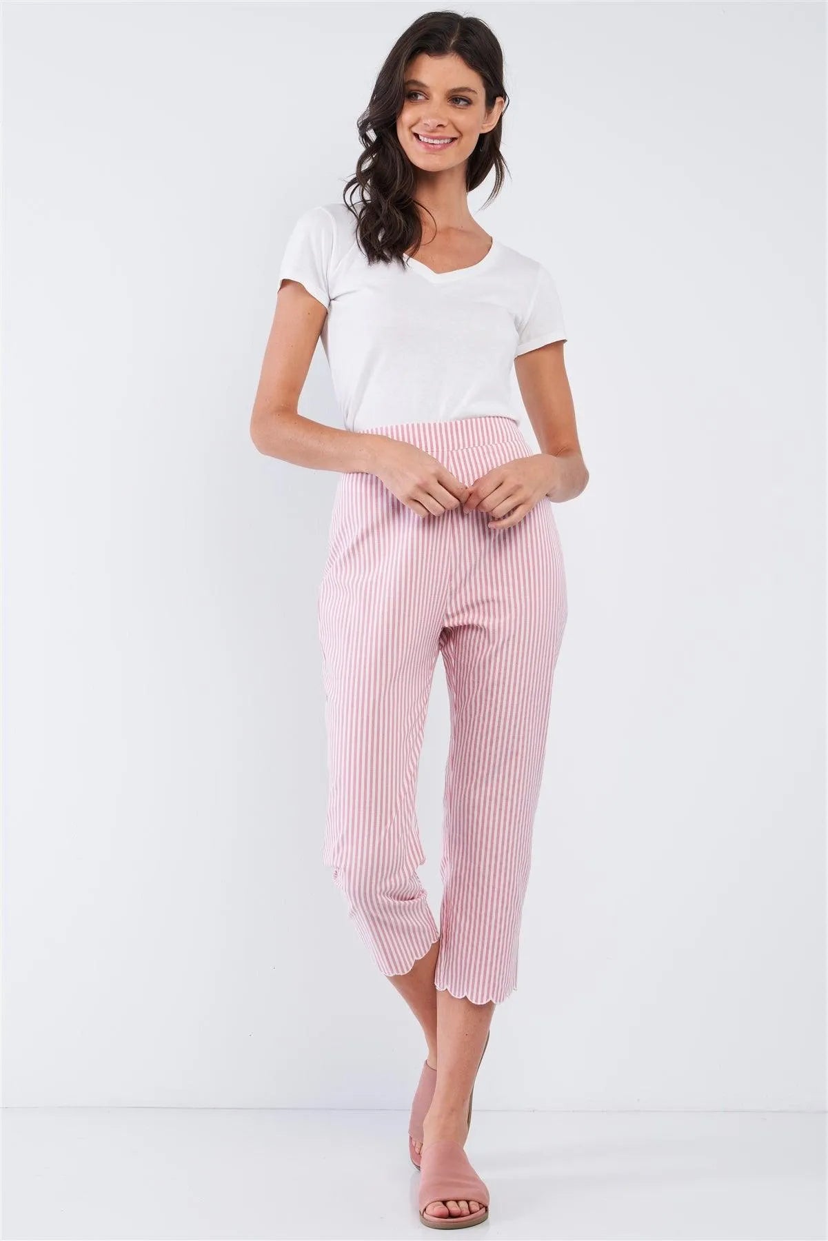 Red & White Striped High Waist Scalloped Hem Summer Capri Pants /1-2-2-1 - Tasha Apparel Wholesale