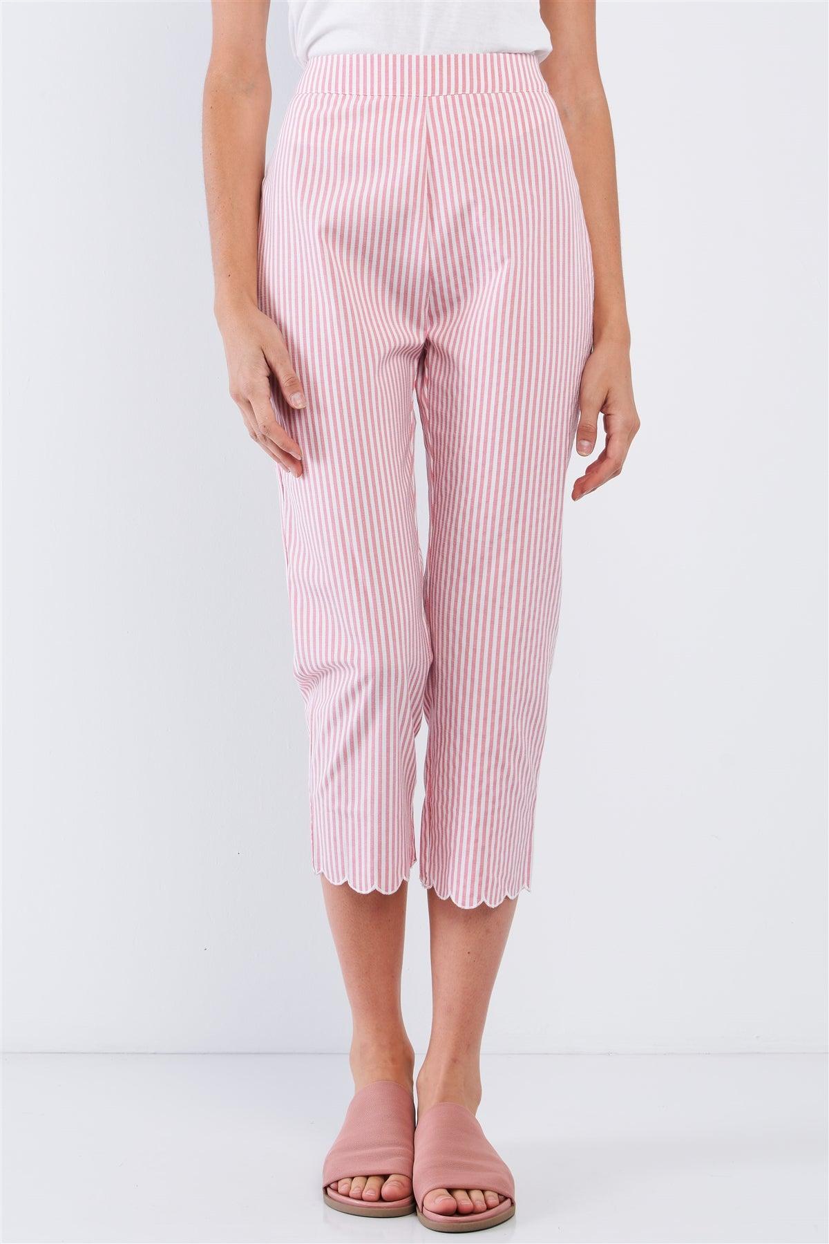 Red & White Striped High Waist Scalloped Hem Summer Capri Pants /1-1-2-2