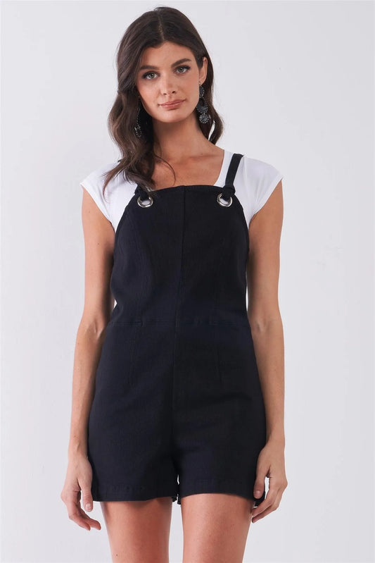 Black Denim Sleeveless Keyhole Straps Detail Romper - Tasha Apparel Wholesale